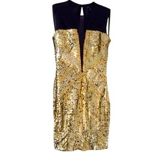 BEBE Gold Sequin + Black Mesh Cocktail Dress. Size XS